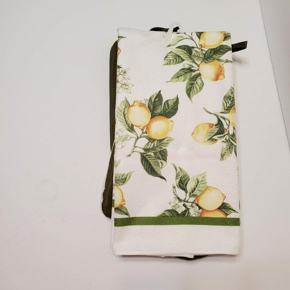 Lemon decor Kitchen Set, 5-pc, Towels Potholders Mitt, Green Yellow NWT - Picture 3 of 5